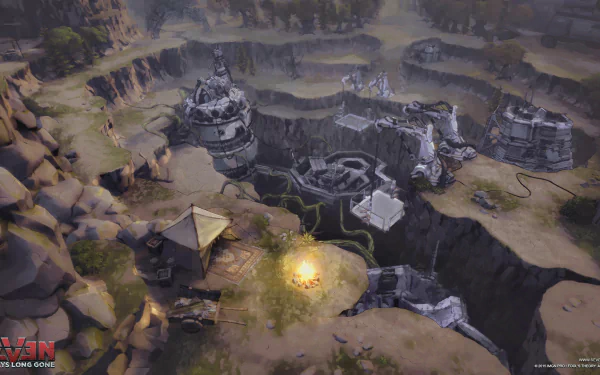 HD wallpaper from Seven: The Days Long Gone featuring an atmospheric ruin landscape with central campfire and intricate stonework.