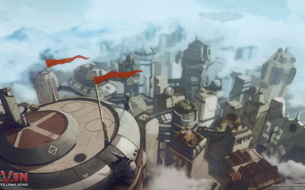 HD desktop wallpaper from Seven: The Days Long Gone, featuring a futuristic cityscape shrouded in clouds with prominent red flags.