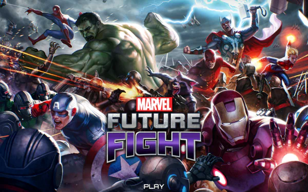 HD wallpaper of Spider-Man, Hulk, Thor, Captain America, Iron Man, Daredevil, Rocket Raccoon, and Ant-Man from Marvel: Future Fight.