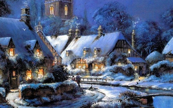 Artistic Painting Winter Snow Village House Church HD Wallpaper | Background Image