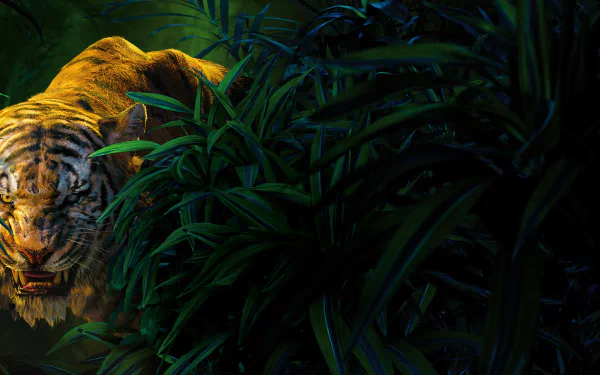 HD wallpaper of Shere Khan the tiger from the 2016 movie The Jungle Book, showcasing a close-up in a lush jungle setting.