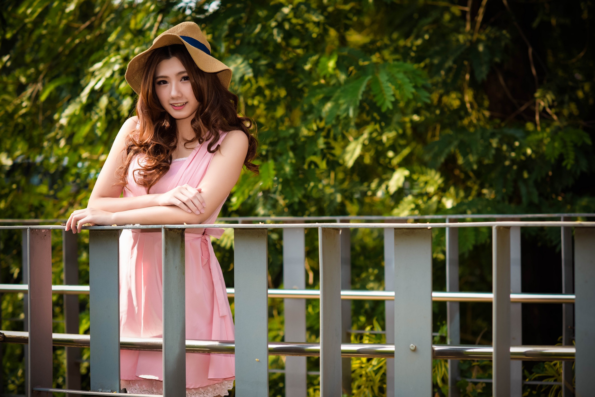 Download Depth Of Field Pink Dress Smile Brunette Hat Model Woman Asian ...