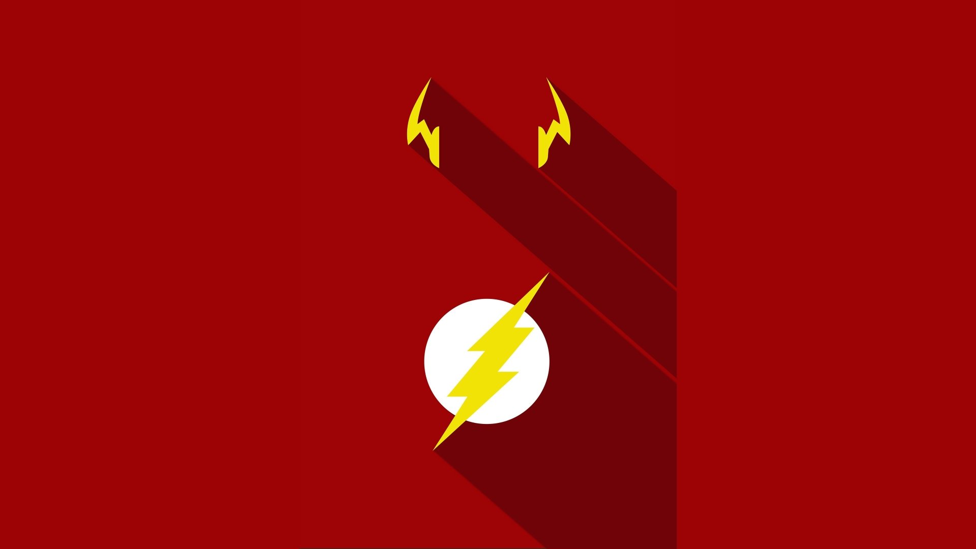 Minimalist DC Comics Flash logo — yellow lightning bolt in a white circle on a red field with long shadows, 4K Ultra HD PC desktop wallpaper background.