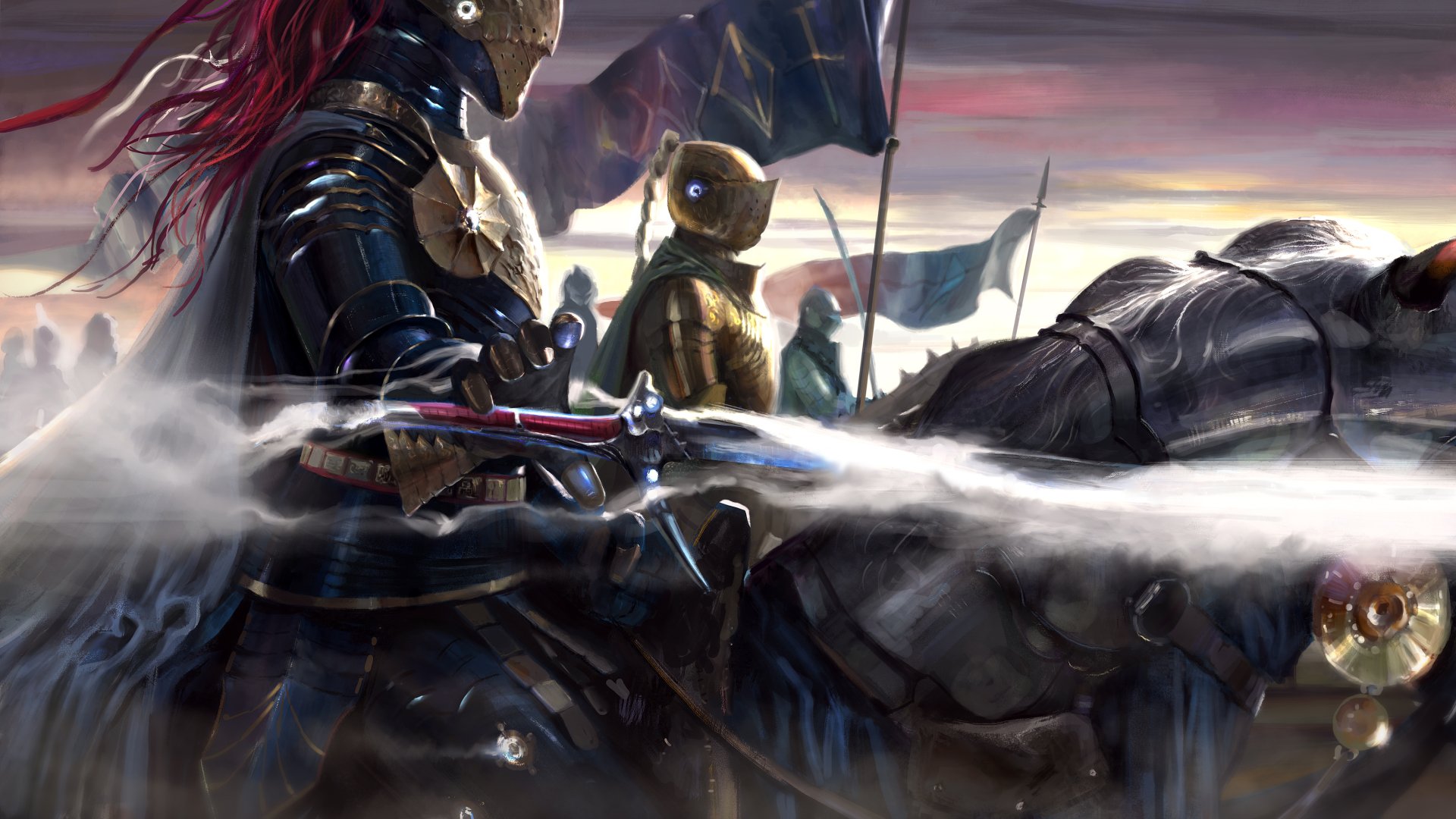 HD desktop wallpaper of a knight in armor, leading a fantasy warrior force with banners against a dramatic sky.