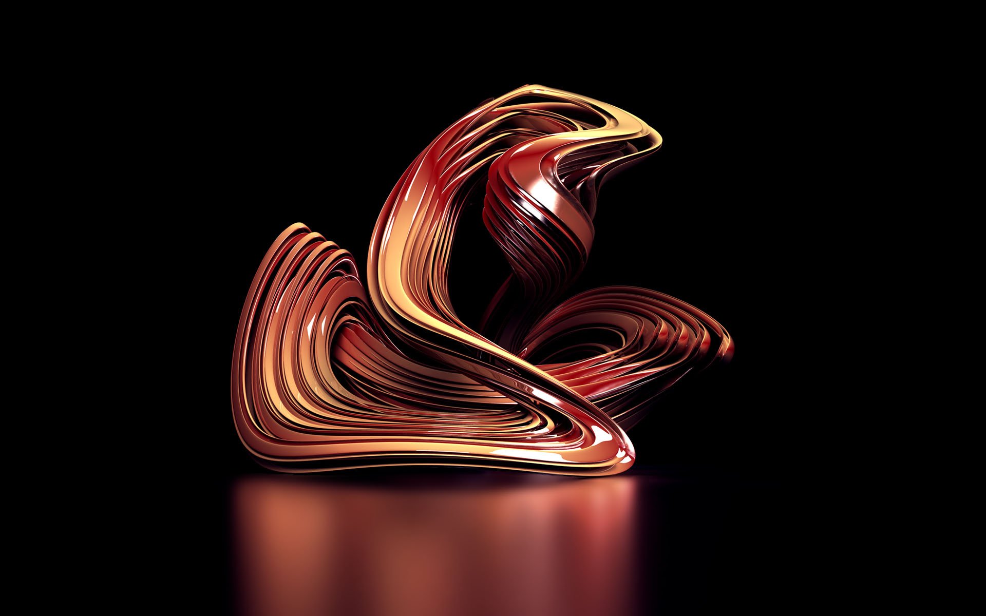 Artistic digital art with sleek, flowing metallic shapes in warm tones, set against a dark background, designed as an HD PC desktop wallpaper and background.