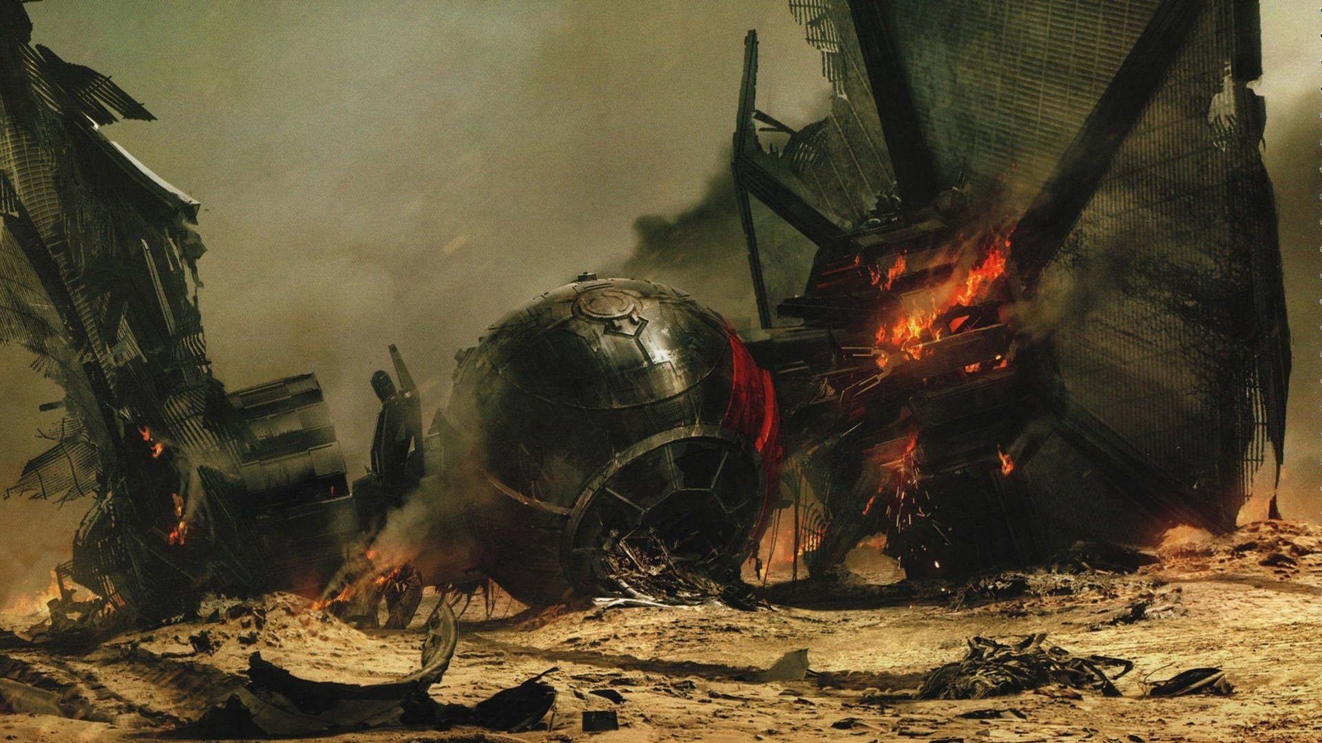 HD desktop wallpaper of a scene from Star Wars Episode VII: The Force Awakens, featuring a crashed TIE Fighter burning amidst debris on a desolate landscape.