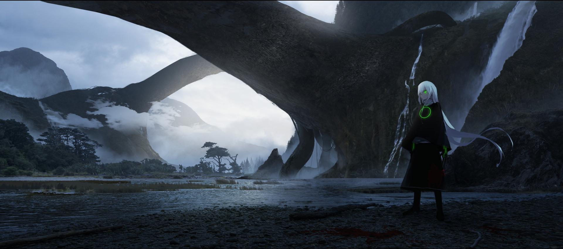 HD desktop wallpaper featuring an original anime character in a dark cloak standing in a misty, otherworldly landscape with large, towering arches and a moody sky.