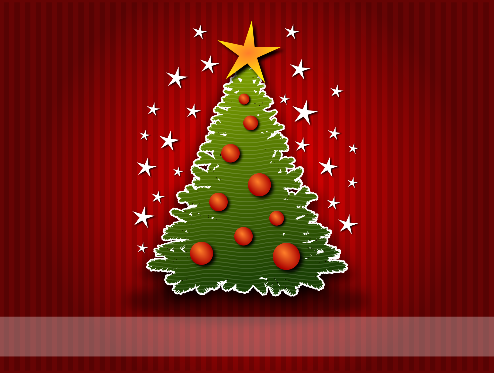 HD PC desktop wallpaper featuring a decorated Christmas tree with red ornaments and a bright star on top against a red striped background with scattered stars.
