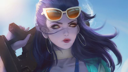 HD desktop wallpaper featuring Widowmaker from the video game Overwatch, showcasing her with sunglasses and holding a weapon against a bright sky background.