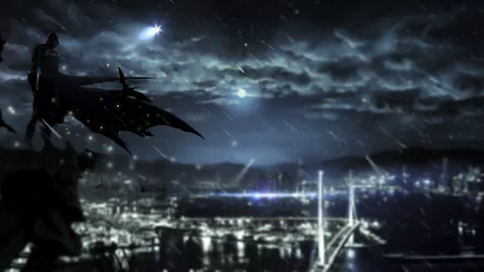 HD comic-style Batman PC desktop wallpaper featuring a dark, rainy night overlooking a cityscape with Batman perched on a ledge under a cloudy sky.