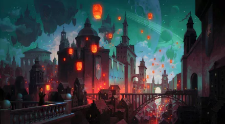 HD desktop wallpaper featuring a fantasy city at night with glowing lanterns floating among buildings and a bridge, against a backdrop of a floating island and a starry, surreal sky.
