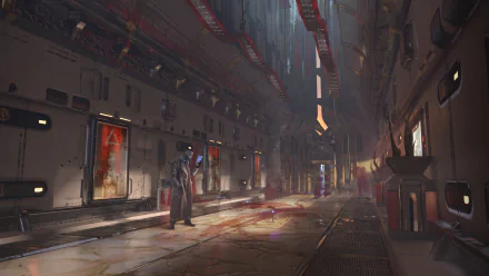 Futuristic sci-fi corridor with a humanoid robot standing amid dim industrial lighting, rendered in stunning 4K Ultra HD detail for a PC desktop wallpaper.