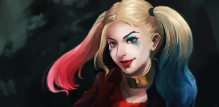HD PC desktop wallpaper of Harley Quinn (DC Comics) close-up: blonde twintails dipped pink and blue, smudged eye makeup, red lipstick, mischievous smile, painted comic-style face
