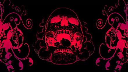 HD desktop wallpaper featuring a haunting red skull against a dark background, surrounded by intricate black and red swirling designs.