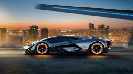 Black Lamborghini Terzo Millennio supercar against a city skyline at sunset, captured in striking detail for a 4K Ultra HD desktop wallpaper.