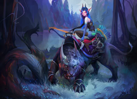 Luna from DotA 2 with pink eyes and blue hair rides a formidable tiger through a dark forest, depicted in 8K Ultra HD video game artwork.