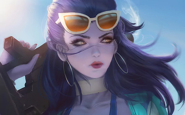HD desktop wallpaper featuring Widowmaker from the video game Overwatch, showcasing her with sunglasses and holding a weapon against a bright sky background.