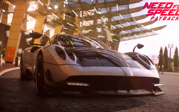 4K Ultra HD wallpaper featuring a Pagani Huayra BC car from Need for Speed Payback video game, showcasing sleek design in a modern, reflective urban setting.