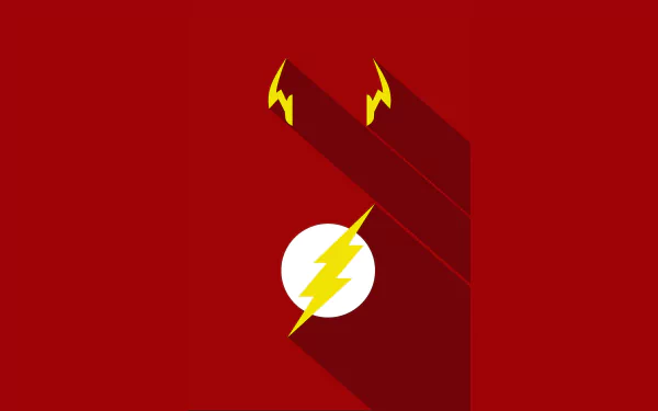 Minimalist DC Comics Flash logo — yellow lightning bolt in a white circle on a red field with long shadows, 4K Ultra HD PC desktop wallpaper background.