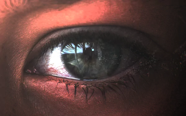 Close-up artistic HD wallpaper of an eye reflecting urban scenery, inspired by rap icon Biggie Smalls, designed for PC desktop backgrounds.