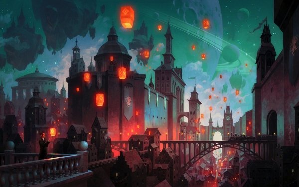 Fantasy City Night Building Lantern Floating Island Bridge HD Wallpaper | Background Image