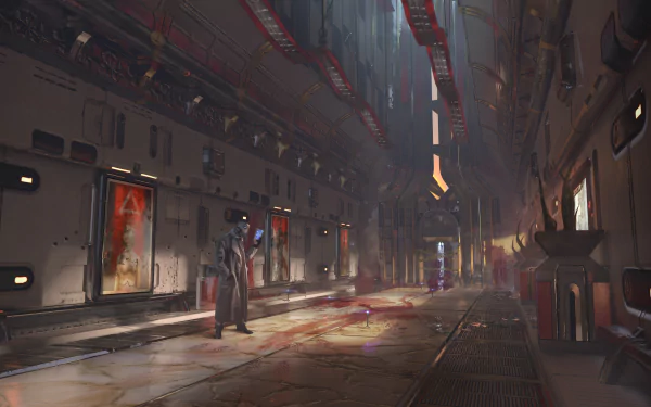 Futuristic sci-fi corridor with a humanoid robot standing amid dim industrial lighting, rendered in stunning 4K Ultra HD detail for a PC desktop wallpaper.