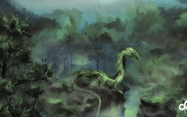 A mystical dragon with feathered features glides through a foggy forest in this 4K Ultra HD fantasy PC desktop wallpaper.