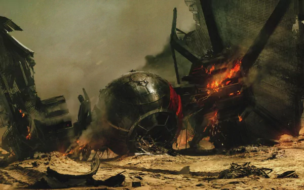 HD desktop wallpaper of a scene from Star Wars Episode VII: The Force Awakens, featuring a crashed TIE Fighter burning amidst debris on a desolate landscape.