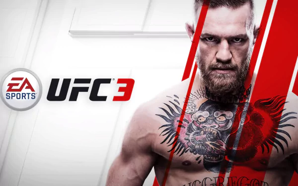 HD PC desktop wallpaper featuring Conor McGregor from the EA Sports UFC 3 video game with bold red and black design elements.