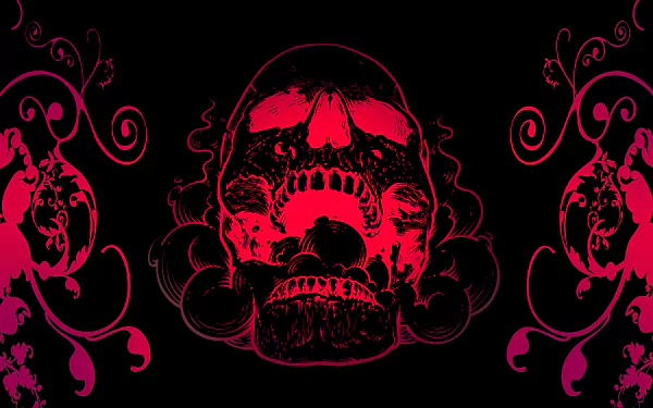 HD desktop wallpaper featuring a haunting red skull against a dark background, surrounded by intricate black and red swirling designs.