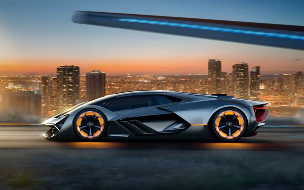 Black Lamborghini Terzo Millennio supercar against a city skyline at sunset, captured in striking detail for a 4K Ultra HD desktop wallpaper.