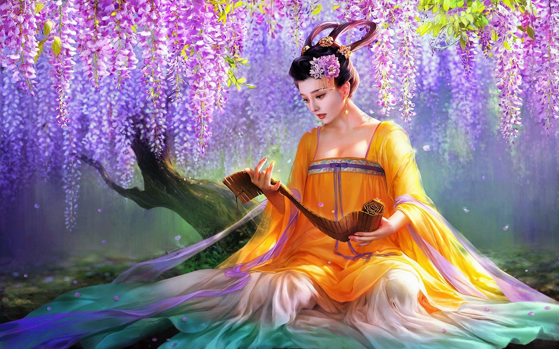 HD PC desktop wallpaper of an Asian woman in traditional attire playing a stringed instrument beneath cascading wisteria flowers, set in a serene fantasy scene.