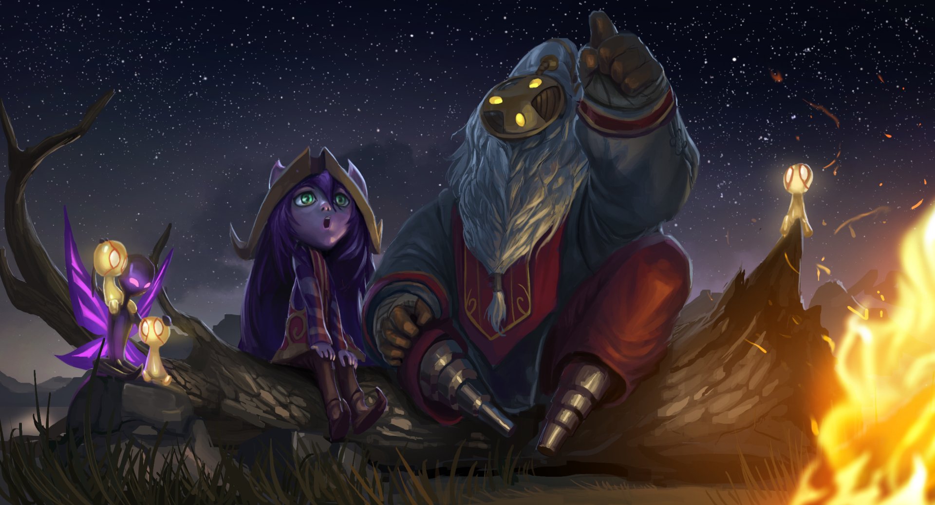 HD PC desktop wallpaper featuring League of Legends characters Lulu and Bard in a nighttime fantasy setting from the video game.