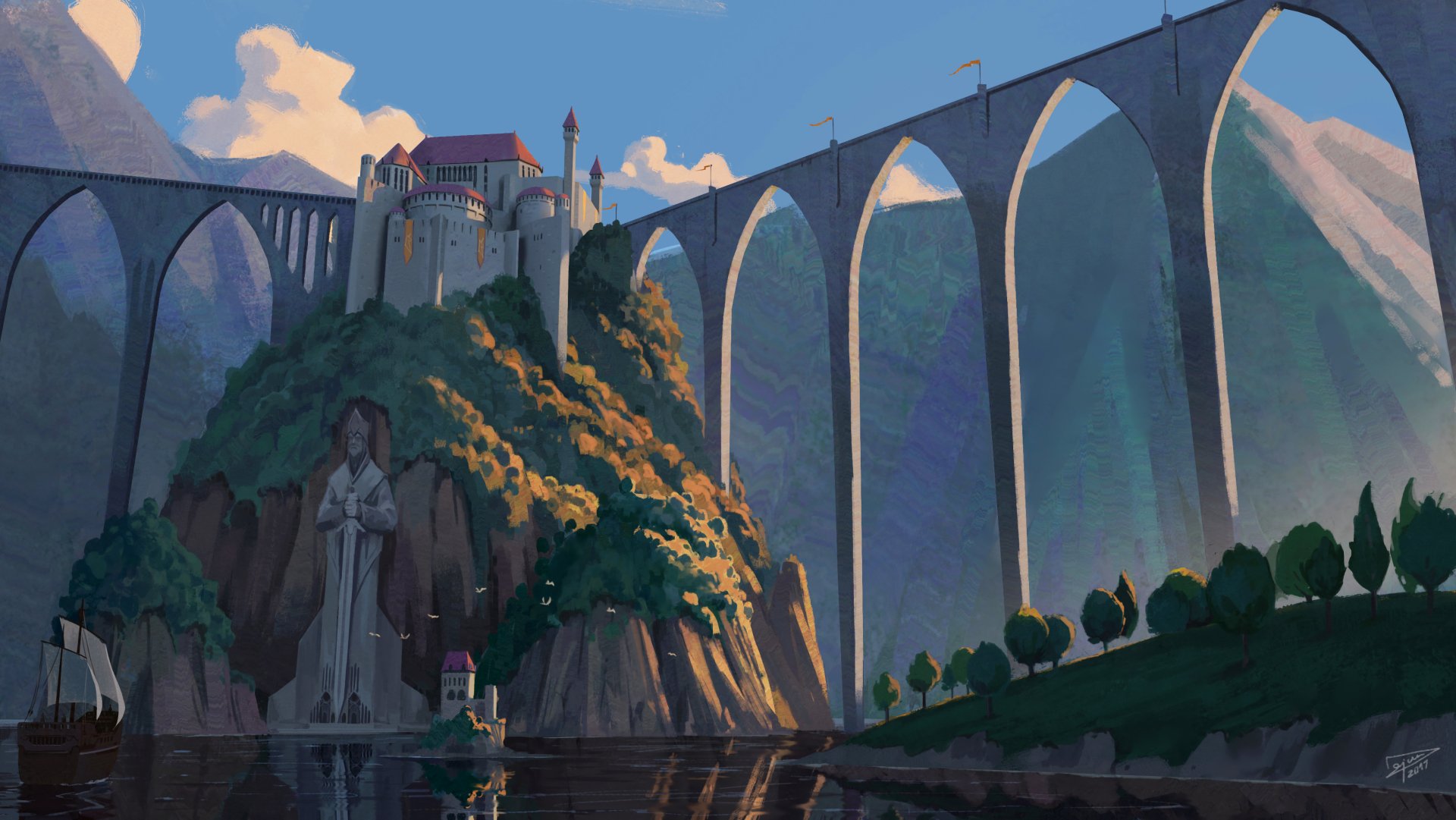 HD fantasy desktop wallpaper featuring a majestic castle atop a rocky hill, a towering statue, a large arched bridge, and a ship docked by the water.