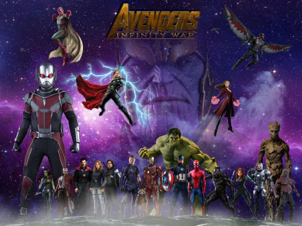 HD PC desktop wallpaper featuring Avengers: Infinity War characters against a cosmic backdrop with Thanos looming in the background.