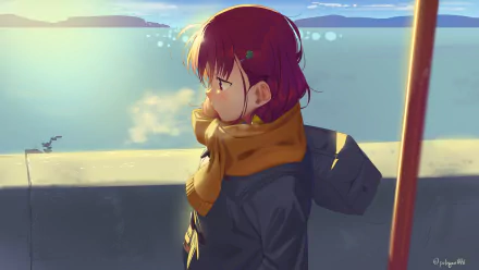 HD PC desktop wallpaper featuring Chika Takami from the anime Love Live! Sunshine!!, standing by a waterfront with a warm scarf and contemplative expression at sunset.