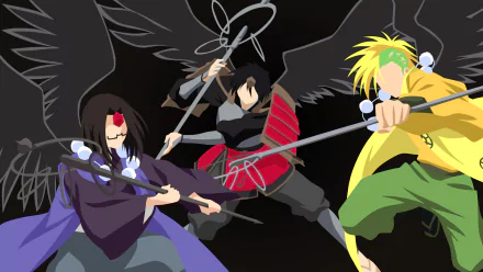 Minimalist HD anime wallpaper featuring Sanba Garasu, Tosakamaru, Kuroumaru, and Sasami from Nurarihyon no Mago in dynamic poses with bold colors and clean lines.