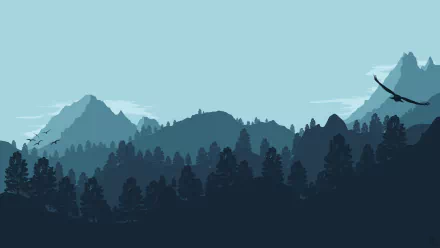 A minimalist vector landscape featuring majestic mountains and evergreen trees, set against a soft blue sky, designed as an artistic HD desktop wallpaper.