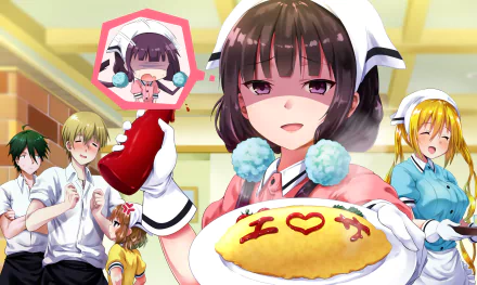HD desktop wallpaper featuring characters from the anime Blend S: Dino, Kouyou Akizuki, Kaho Hinata, Mafuyu Hoshikawa, and Maika Sakuranomiya, in a playful and colorful scene.