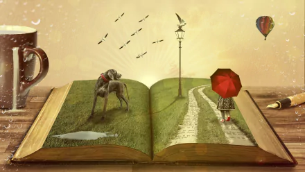 HD desktop wallpaper of a fantasy scene featuring a child with a red umbrella and a dog walking on a path through an open book. A flock of birds flies overhead, and a hot air balloon floats in the background.