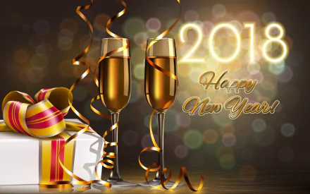 HD desktop wallpaper celebrating New Year 2018 with champagne glasses, a festive gift, and Happy New Year! text on a sparkling background.