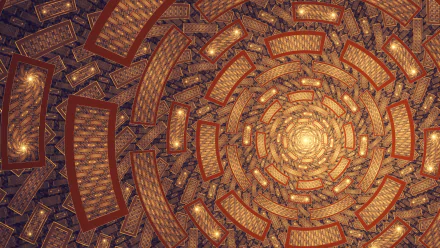 HD desktop wallpaper featuring a mesmerizing abstract fractal pattern of a psychedelic, spiraling tunnel with intricate, glowing details in golden and brown hues.