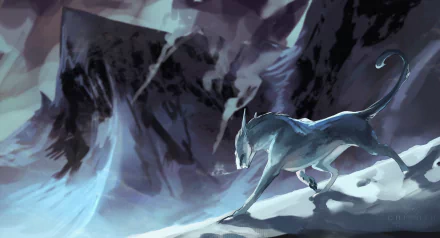 A sleek, mystical fantasy animal prowls a snowy, shadowy landscape. This 4K Ultra HD fantasy wallpaper captures an ethereal and otherworldly atmosphere for PC desktop.