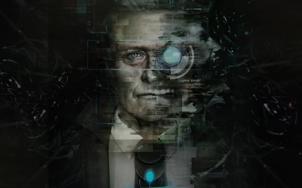 HD desktop wallpaper featuring a collage of a man with a monocular eyepiece, tagged as Observer, set against a dark abstract background.