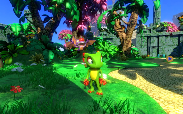 HD Yooka-Laylee wallpaper featuring the green character Yooka in a vibrant, colorful jungle environment for desktop background.