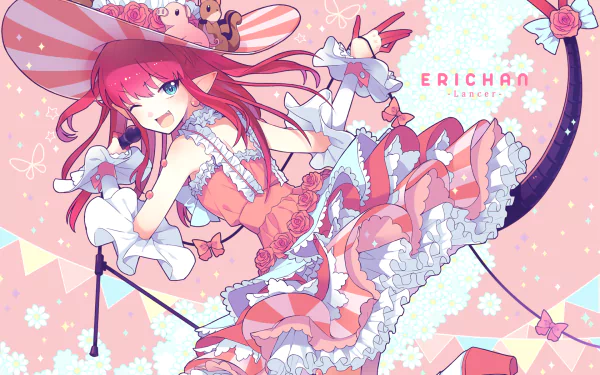 HD anime desktop wallpaper featuring Elizabeth Bathory from Fate/Grand Order in a detailed pink and white frilled outfit with a large striped hat.