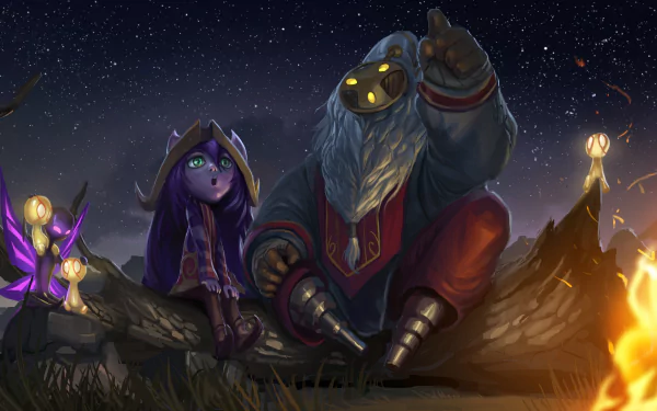 HD PC desktop wallpaper featuring League of Legends characters Lulu and Bard in a nighttime fantasy setting from the video game.