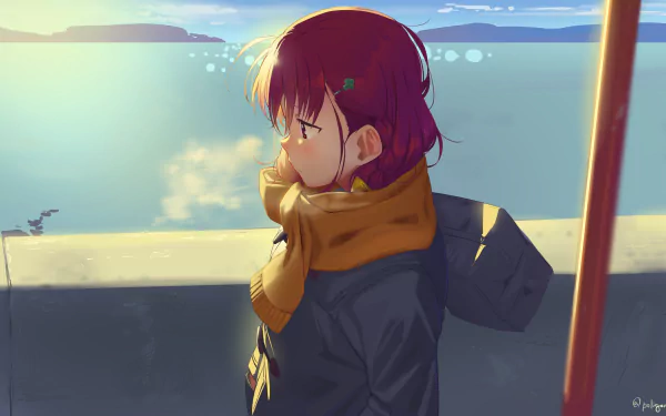HD PC desktop wallpaper featuring Chika Takami from the anime Love Live! Sunshine!!, standing by a waterfront with a warm scarf and contemplative expression at sunset.