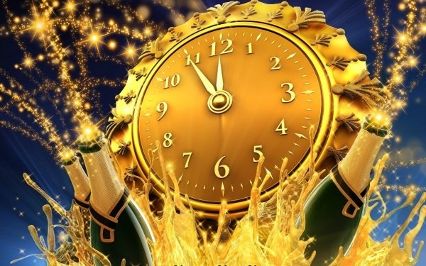 Holiday New Year Happy New Year Champagne Clock Golden HD Wallpaper | Background Image