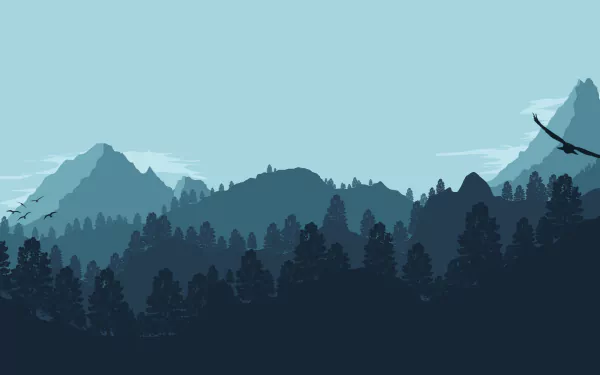 A minimalist vector landscape featuring majestic mountains and evergreen trees, set against a soft blue sky, designed as an artistic HD desktop wallpaper.